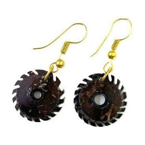 Earring Dangle Coconut Shell Round Hand Carved Coconut Oil Polished Deep Brown | Ecofriendly Coconut Jewelry Craft of Kerala in South India