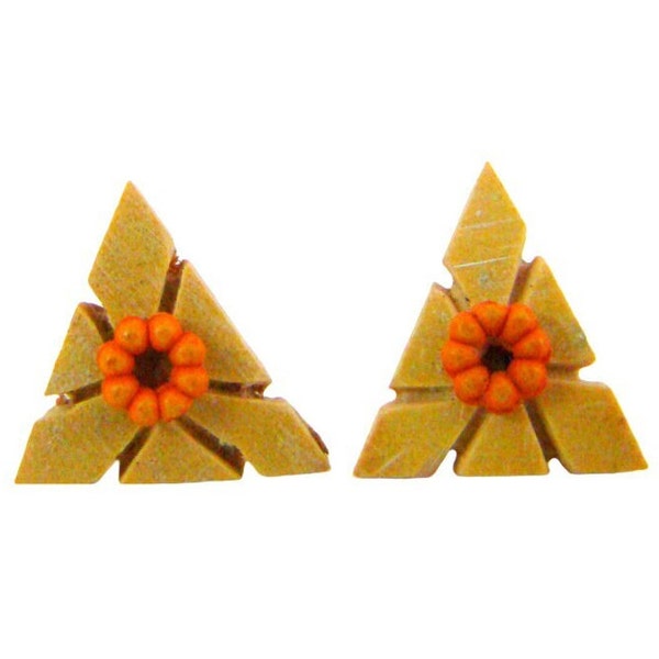 Earring Stud Coconut Shell Triangular Hand Carved Beige with an Orange Floral Central Bead | Ecofriendly Stud Craft of Kerala in South India