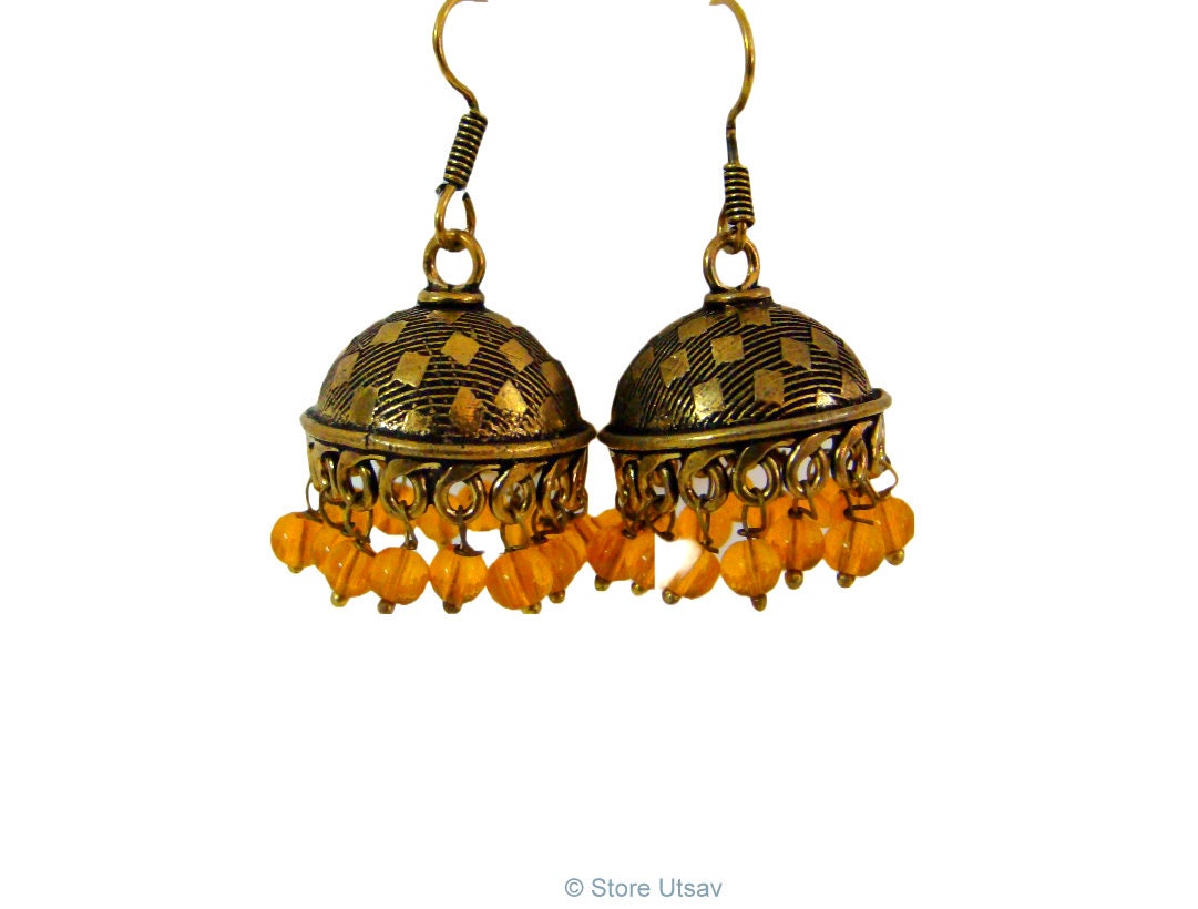 Yellow Engraved Copper Jhumka Oxidized With Yellow Handblown Glass