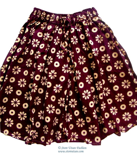 Skater Skirt Circle Brown Short Cotton Elastic Waistband Handmade Floral pattern from India Women Clothing Fashion Skirt for Girls Gift
