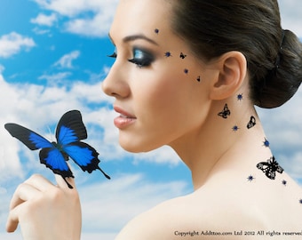SCHMETTERLING Addttoo Luxus wasserdichtes Body Art Kit Schwarz Silber oder Gold Schmetterlinge + Sterne Temporäre Hals Tattoo + Swarovski® Kristalle DES027