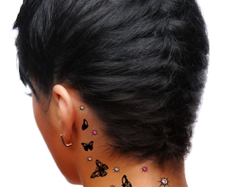 Addttoo Sofortiges wasserdichtes Body Art Kit, Schmetterling temporäres Tattoo Schwarz Silber Gold + funkelnde Swarovski® Kristalle + Geschenk Box DES016