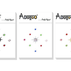 Op de afbeelding: Drie vellen met tijdelijke tatoeages met een stervormig ontwerp met verschillende gekleurde strass steentjes. De tekst "Addtoo... Simply Elegant!" staat bovenaan elk vel.