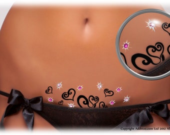Añade a tu Vajazzle Arte Corporal Impermeable de Lujo Instantáneo Corazones con Brillantes Cristales Swarovski® Rosados Estrella Plateada Regalo de San Valentín