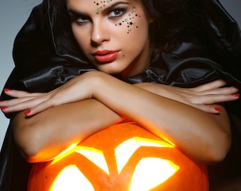 STARS Halloween Kostüm Hexe Accessoire Augenmaske Sterne mit Kristallen made with Swarovski Elements - Schwarz Orange Grün Rot