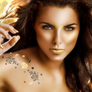 Addttoo 大人用 高級 インスタント 防水 ボディーアート キット ゴールド ローズ ブラック 渦巻き テンポラリー パーティー タトゥー レインボー アソート スワロフスキー® クリスタル D69