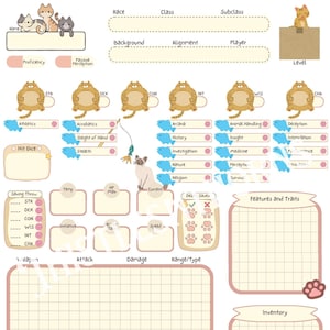 Puede incluir: Una hoja de personaje beige y rosa con ilustraciones temáticas de gatos. La hoja incluye secciones para estadísticas, habilidades e inventario, con un diseño lúdico con gatos de dibujos animados y huellas de patas. El texto incluye "Race", "Class" y "Level".