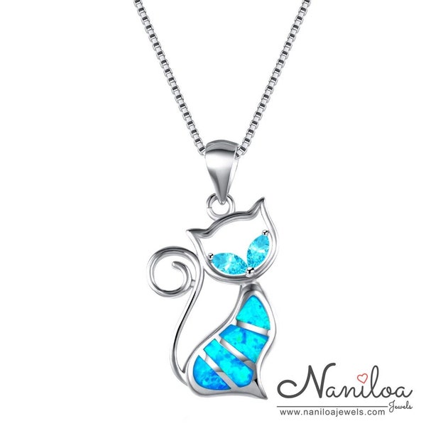 Collier Chat Argent 925 Opale bleu - Collier pendentif chat