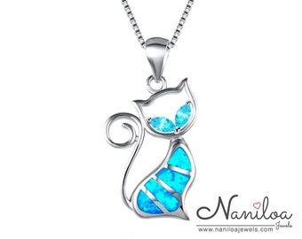 Collier Chat Argent 925 Opale bleu - Collier pendentif chat