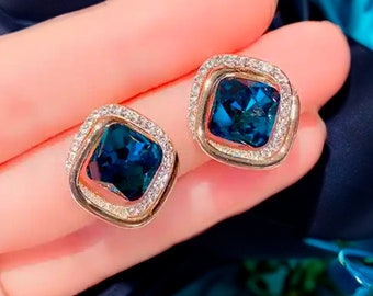 Boucles d'oreilles puces losanges or et zircons + pierre bleue - Argent S925 - plaqué Or - Qualité élevée