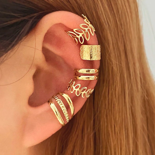 Ensemble Anneau Oreille couleur Or Non Percé - anneau cartilage - 5 anneaux - anneau couleur argent - ear cuff - faux piercing