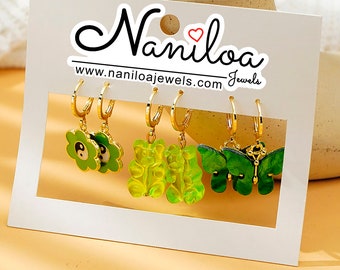 Boucles d'oreilles ourson - fleur - ours - papillon - bonbon - yin yang - boucles d'oreilles vert