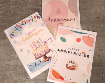 Lot 3 Cartes Anniversaire - Joyeux anniversaire - format A6 - différents formats - avec enveloppe