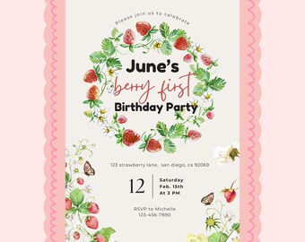 Berry First Birthday Invitation, 1st Birthday Invitation, Kid Birthday Invitation, Strawberry Birthday Invitation, Digital Download