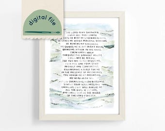 Può includere: Una stampa incorniciata con un design ad acquerello e il testo del Salmo 23. L'opera presenta una cornice bianca, con un design paesaggistico verde chiaro e blu. Un adesivo per file digitale si trova nell'angolo in alto a sinistra.