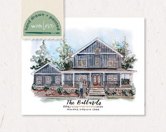 8x10 Custom Hand Painted House Portrait: Personalized Watercolor Home with Family or Pet Included