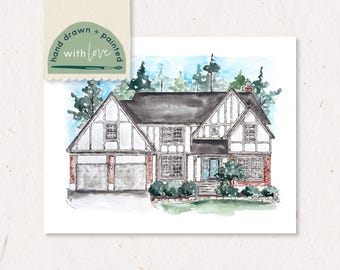11x14 Hand Painted Custom House Portrait: Personalized Home Watercolor