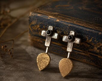 Handmade Sterling Silver Cross Earrings with Black Onyx and Mixed Metal Accents