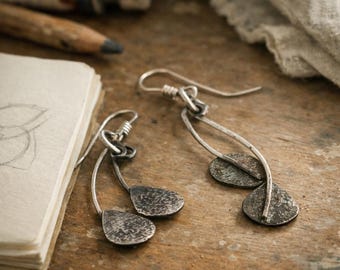 Asymmetrical Botanical Earrings, Sterling Silver Dangle, Nature Inspired Jewelry, Handmade Artisan Gift for Her