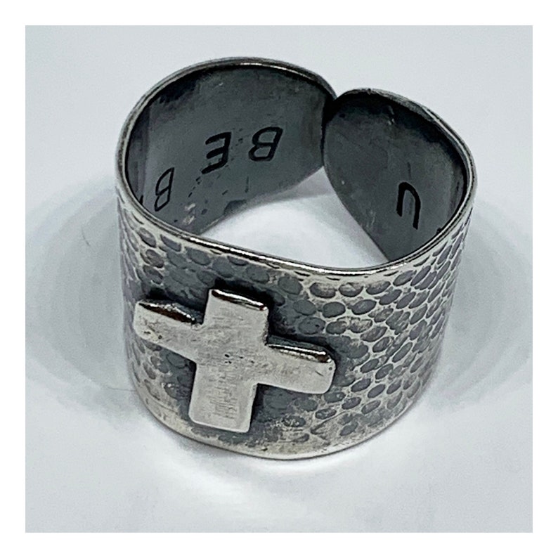 Adjustable Open Back Ring Wide Band Sterling Silver Ring With Cross Artisan Handmade Jewelry