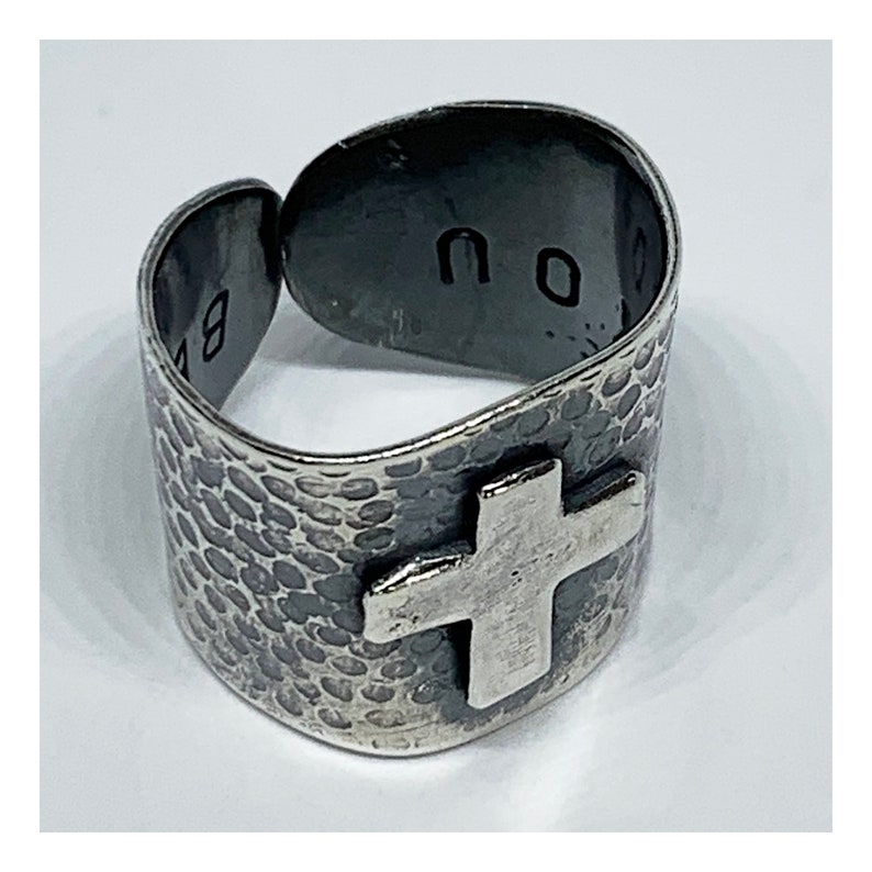 Adjustable Open Back Ring Wide Band Sterling Silver Ring With Cross Artisan Handmade Jewelry