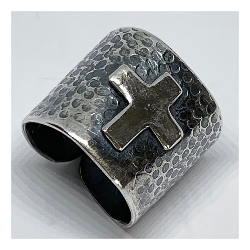 Adjustable Open Back Ring Wide Band Sterling Silver Ring With Cross Artisan Handmade Jewelry