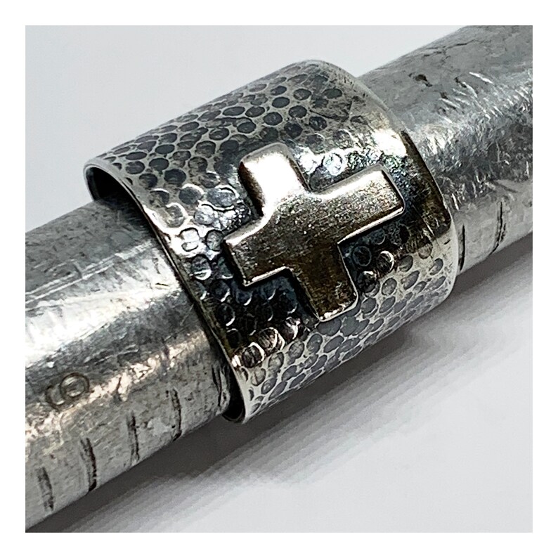 Adjustable Open Back Ring Wide Band Sterling Silver Ring With Cross Artisan Handmade Jewelry