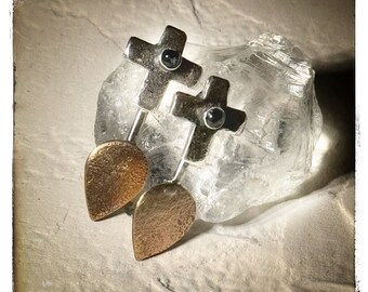 Mixed Metal Cross Post Earrings With Black Onyx Gemstone, Sterling, Brass | Artisan Handmade Earrings | A Spiritual Unisex Gift