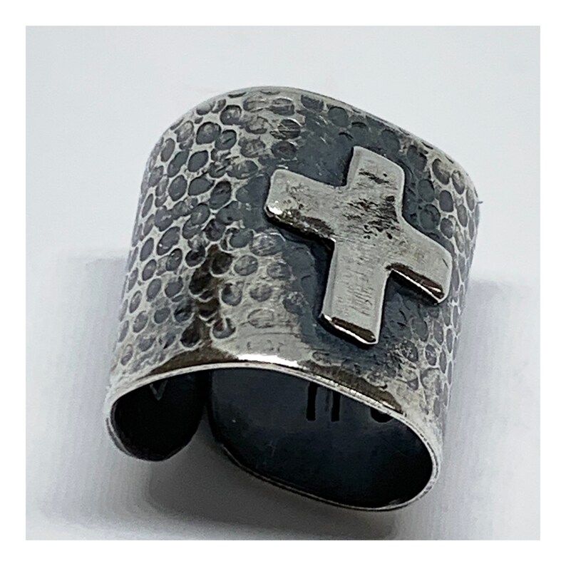 Adjustable Open Back Ring Wide Band Sterling Silver Ring With Cross Artisan Handmade Jewelry