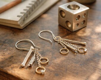 Asymmetrical Sterling Silver & Gold Earrings – Mixed Metal Contemporary Statement Jewelry – Handmade Artisan Gift