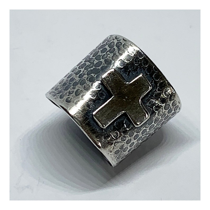 Adjustable Open Back Ring Wide Band Sterling Silver Ring With Cross Artisan Handmade Jewelry