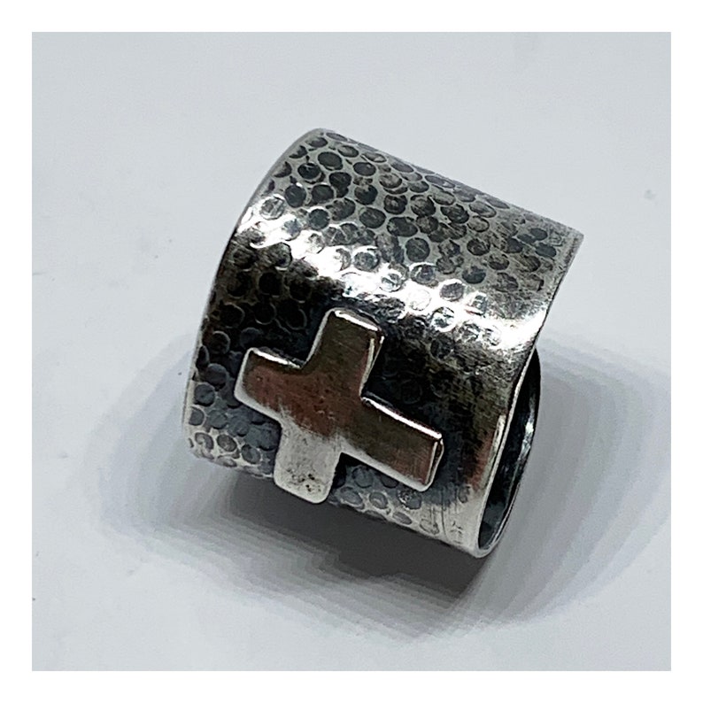 Adjustable Open Back Ring Wide Band Sterling Silver Ring With Cross Artisan Handmade Jewelry
