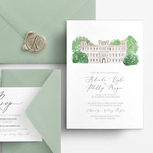 Invitation de mariage d'illustration de lieu, lieu de cartes de sauvegarde de mariage, lieu de mariage de peinture personnalisée, invitation de mariage