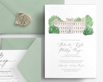 Venue illustration wedding invitation, wedding save the date cards venue, custom painting wedding venue, wedding invitation