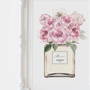 perfume bottle Fashion wall art, Fashion art, perfume bottle print, Bedroom wall art, pink peonies, bridal gift,  wall art fashion prints