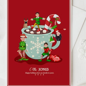 Retrato de família de Natal personalizado, presente de feriado personalizado, ilustração de família de Natal, desenho de família de elfos, ilustração de cartão de Natal