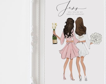 Personalized bride and bridesmaid wall art, Custom wedding illustration, Bridesmaid gift card, Bridesmaids Favour, Maid of honor wall art