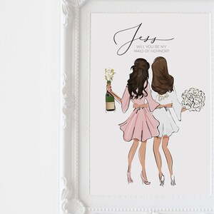 Arte murale personalizzata della sposa e della damigella d'onore, Illustrazione di matrimonio personalizzata, Carta regalo damigella d'onore, Bomboniera d'onore, Arte murale della damigella d'onore