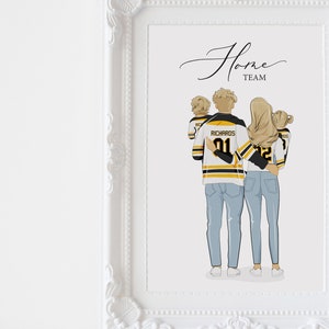 May include: A digital illustration of a family of four wearing matching hockey jerseys. The family is standing together, with the parents in the front and the two children behind them. The text "Home Team" is written above the family.