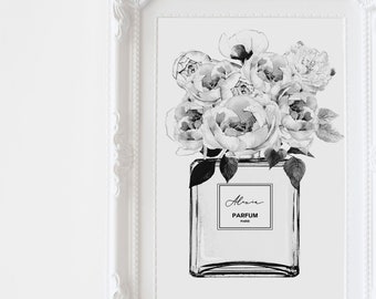 Personalised perfume bottle Fashion wall art, Fashion art print, Bedroom wall art, peonies, bridal gift, black and white wall art