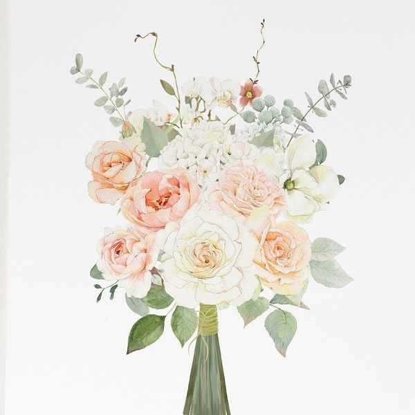 Peinture à l’aquarelle de bouquet de mariée personnalisée, cadeau d’anniversaire de mariage Botanique personnalisé Portraits de fleurs romantiques Souvenir