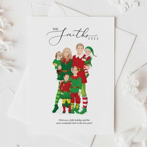 Retrato de família de Natal personalizado, presente de feriado personalizado, ilustração de família de Natal, desenho de família, ilustração de cartão de Natal