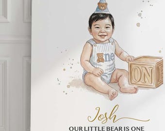 Custom Teddy Bear 1st Birthday Invitation with Portrait, Bearly One Baby Illustration, Personalized Welcome Sign, First Birthday Decor