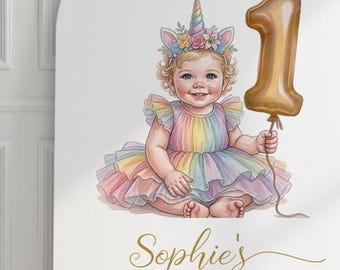 Personalized Unicorn 1st Birthday Illustration, Magical One Birthday Print, Custom Baby Girl Unicorn Party Decor, Digital Download