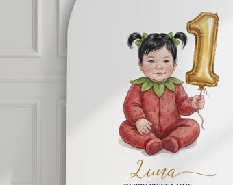 Custom Berry 1st Birthday Portrait Invitation – “Berry First Birthday” Baby Illustration – Personalized Strawberry Party Welcome Sign