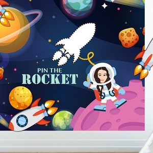 Pin the rocket / Ilustración de retrato de cumpleaños de dibujos animados personalizado / PDF imprimible / Dibujo personalizado de astronauta / Espacio / Despegue