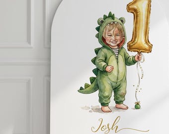 Custom Dinosaur 1st Birthday Invitation with Portrait, “Rawr I’m One” Baby Illustration, Personalized Dino Birthday Welcome Sign, Boy Girl