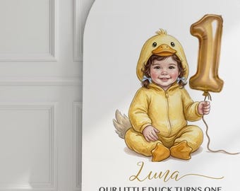 One Lucky Duck 1st Birthday Portrait Invitation – Custom Baby Illustration – Little Duck First Birthday Welcome Sign Printable