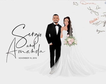 May include: A white frame with a white background. A cartoon illustration of a bride and groom in wedding attire. The text "Sergio and Amanda" is written in cursive above the couple. The date "November 18, 2019" is written below the couple. The background is filled with signatures.