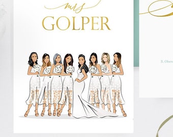 Brautpartyeinladung | Brautparty | Cartoon Charakter | Kader | Braut und Brautjungfer Modeillustration